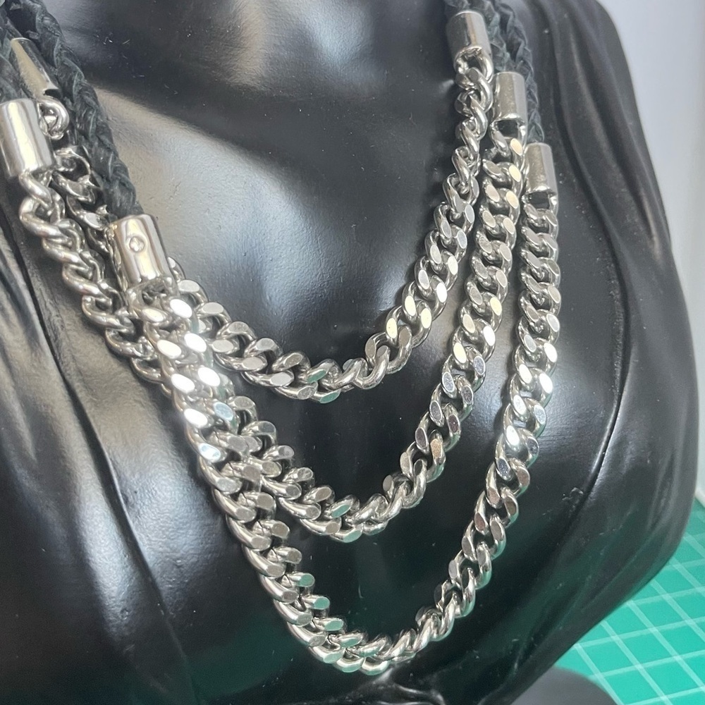 Lia Sophia braided leather silver tone Cuban link necklace - Picture 2 of 4